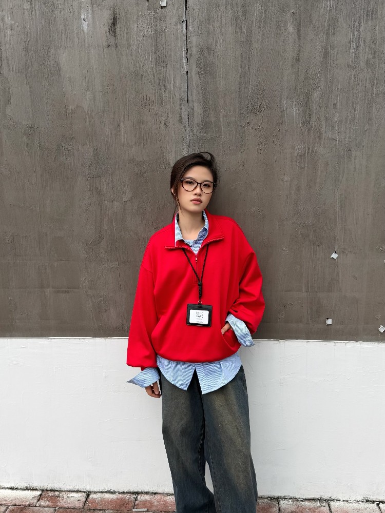 YIMEI韩版新年复古红色半拉链翻领卫衣